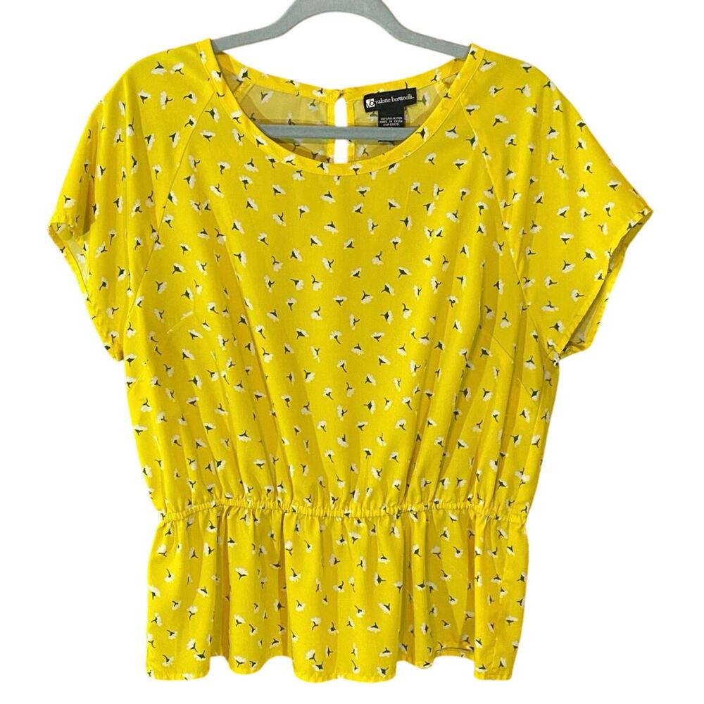 Valerie Bertinelli Yellow Floral Peplum Blouse Women’s XL Short Sleeve Top